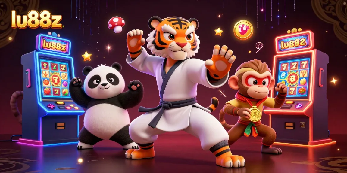 Experience the excitement of lu88z with a vibrant 3D casino scene featuring characters and slot machines.