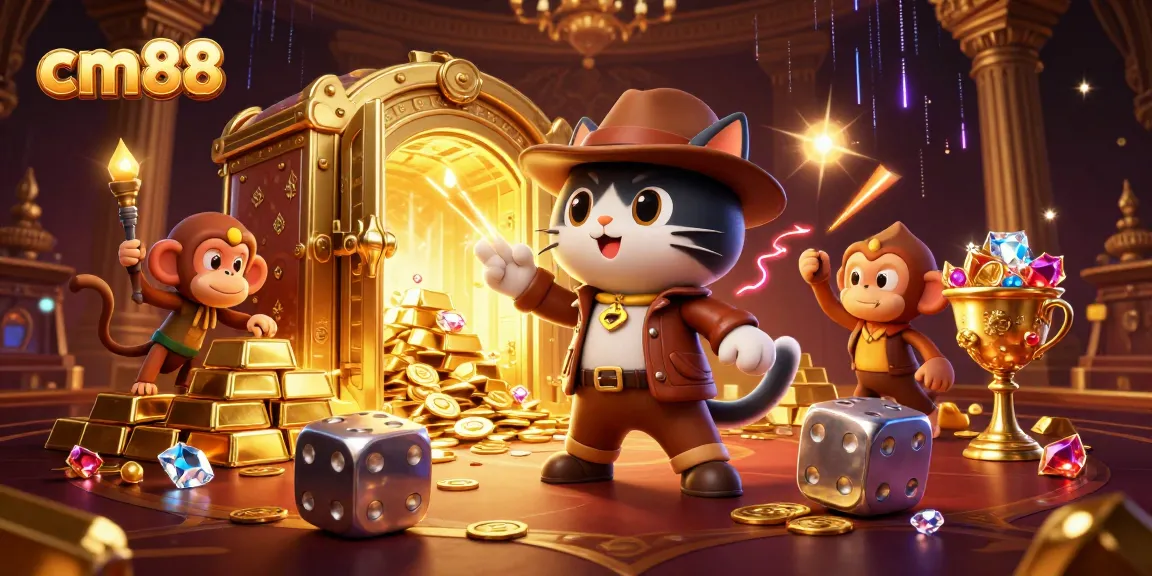 Engage in casino adventures with cm88 as the archaeologist cat and monkey uncover treasures in a vibrant illustration.