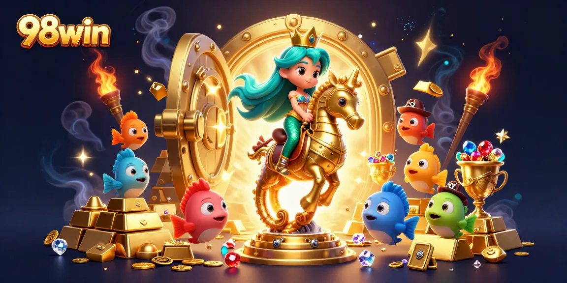 Experience the thrill at 98win with vibrant casino-themed 3D illustration packed with gems and treasures.