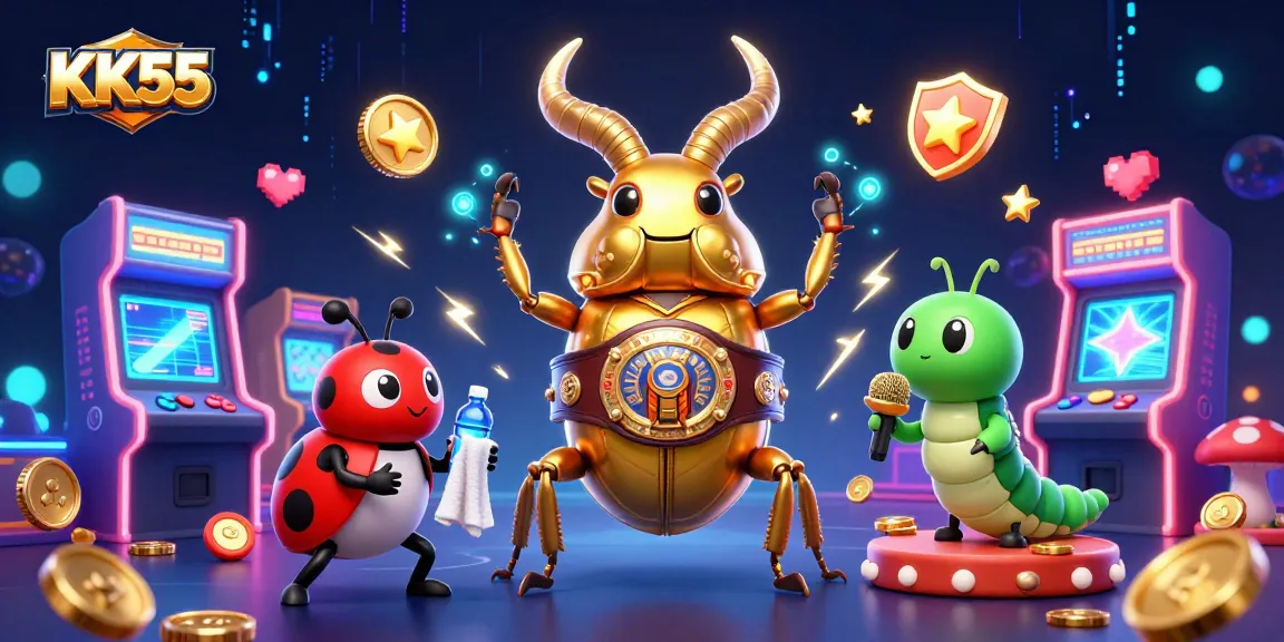 Engage in KK55's thrilling gameplay with a golden stag beetle champion, colorful arcade elements, enhancing your betting experience.