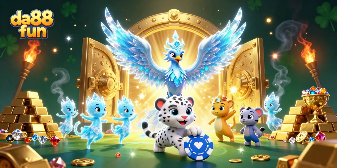 Spin and win at da88 fun with a vibrant 3D illustration of an ice phoenix and snow leopard amidst treasures.