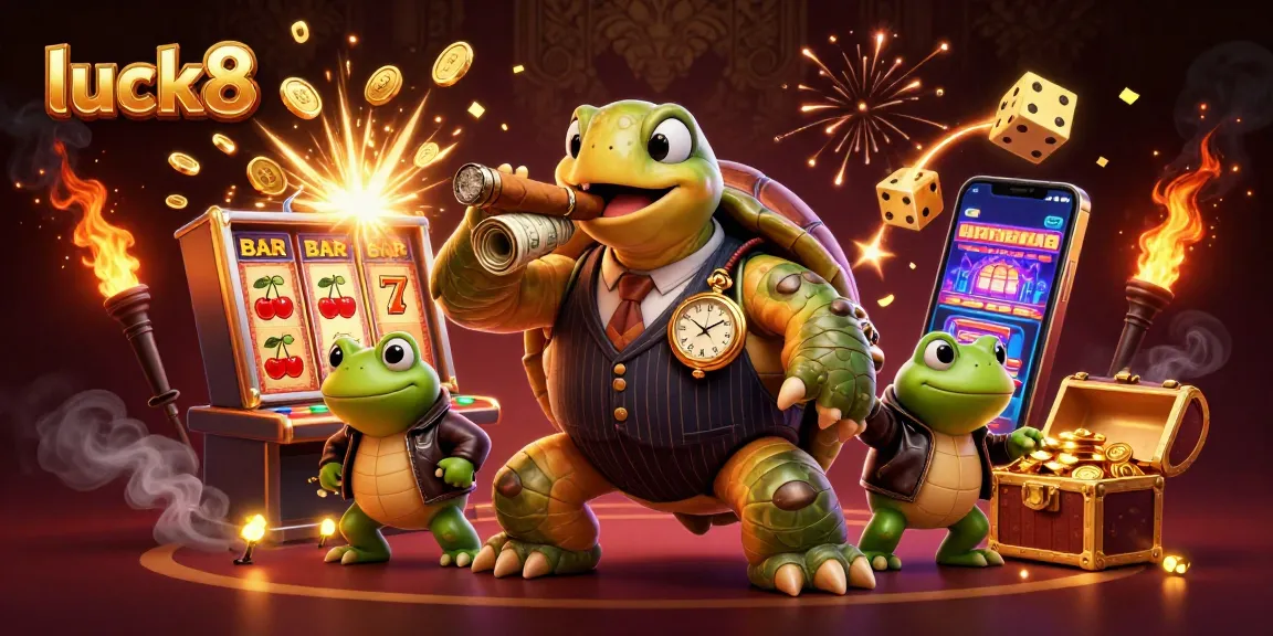 Experience the excitement of luck8 with a vibrant scene featuring a snapping turtle mobster and casino elements.