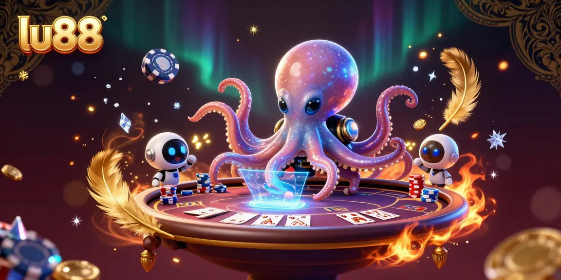 Engage in thrilling poker action at lu88 with an alien octopus and a robot in a vibrant casino atmosphere.