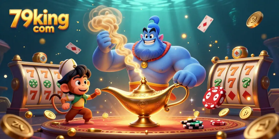 Experience the thrill with 79king com as a genie emerges from a lamp amidst vibrant casino excitement.