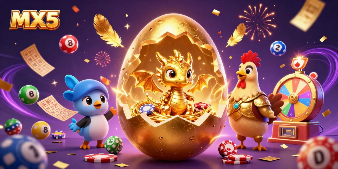 Experience gaming excitement with MX5 as a golden dragon and poker chips burst into action.