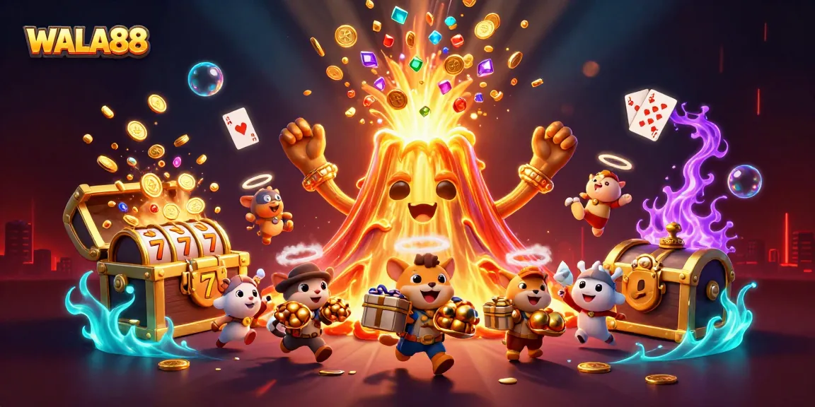Experience thrilling gameplay with WALA88, featuring golden volcanoes, treasures, and vibrant slot reels.