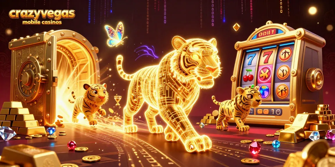 Experience the thrill of crazyvegas mobile casinos with a 3D golden tiger amidst treasure and slot reels.
