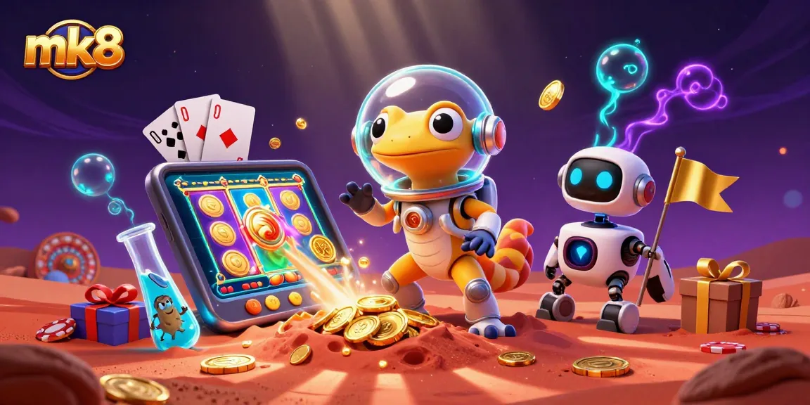 Experience mk8 fun with a Martian gecko playing vibrant slots in a cosmic casino scene.