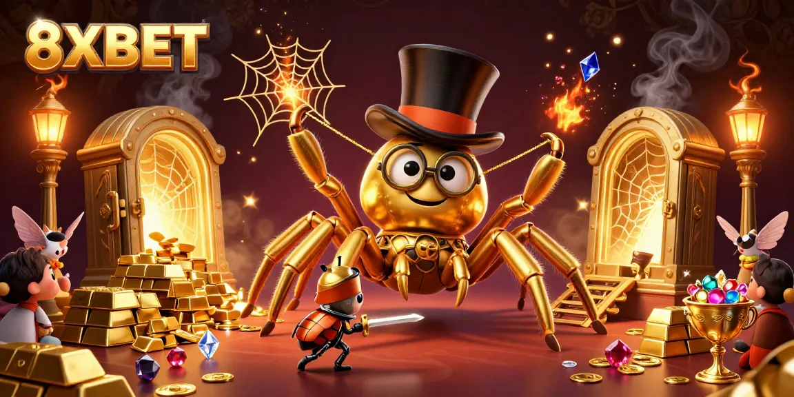 Experience the excitement of 8XBET with a dynamic casino scene featuring a golden tarantula and treasure elements.