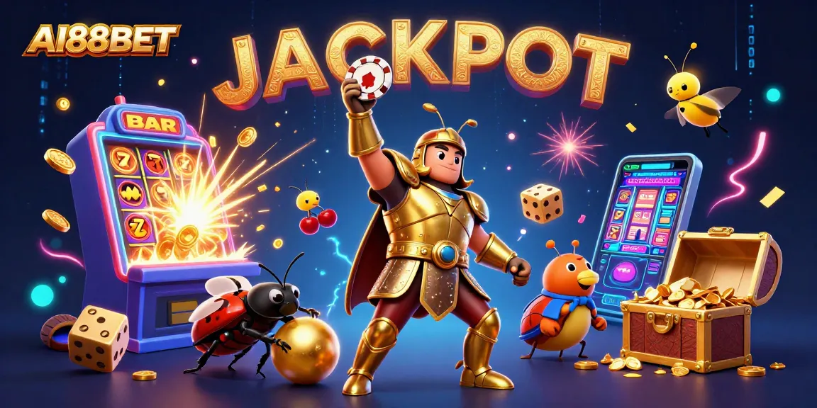 AI88BET showcases a victorious beetle lifting a poker chip amidst a vibrant casino jackpot scene packed with action.