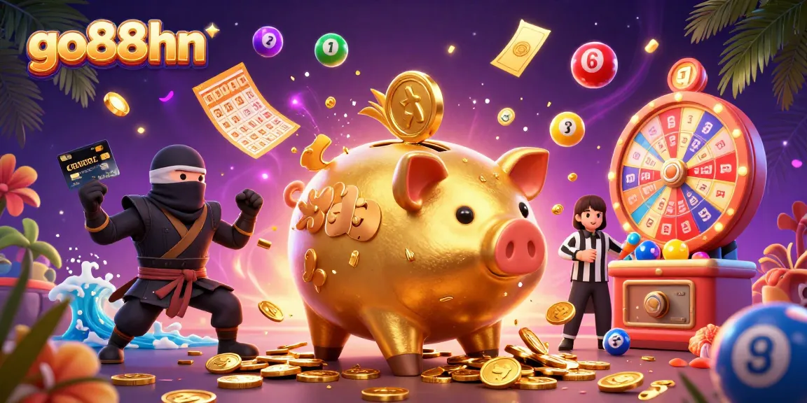 Join the excitement with go88hn as a golden piggy bank sumo wrestler captures coins in a 3D gambling scene.