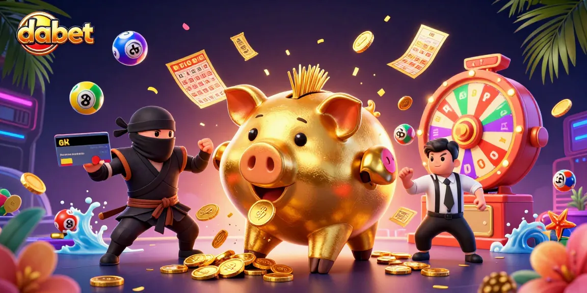 Dabet's gaming excitement unfolds with a golden piggy bank sumo wrestler amidst vibrant lottery elements.