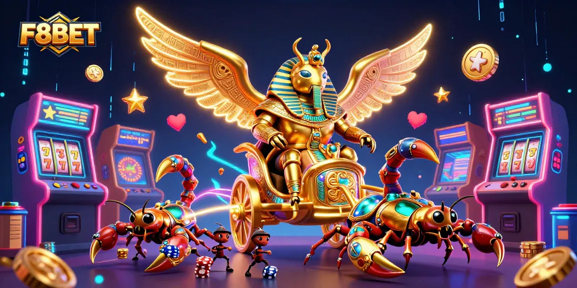Experience thrilling gameplay with F8BET featuring a colossal golden scarab beetle amidst vibrant casino elements.