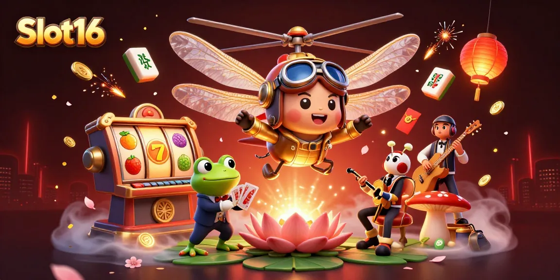 Spin the reels at Slot16 with dynamic slots and a vibrant casino atmosphere featuring animated characters.