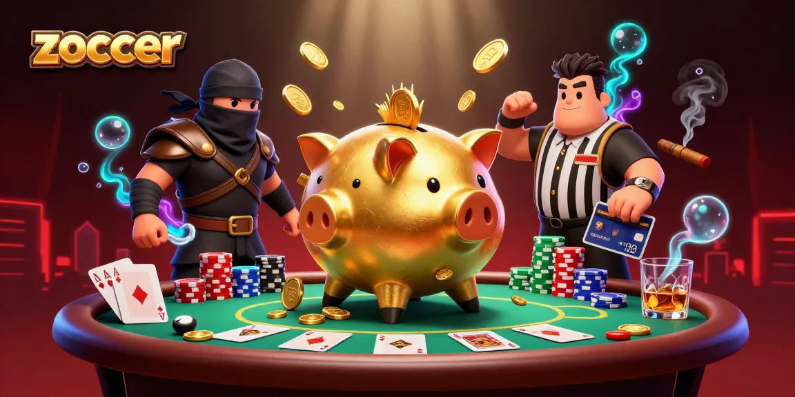 Zoccer casino experience featuring a golden piggy bank wrestler amid a vibrant poker scene filled with dynamic action.