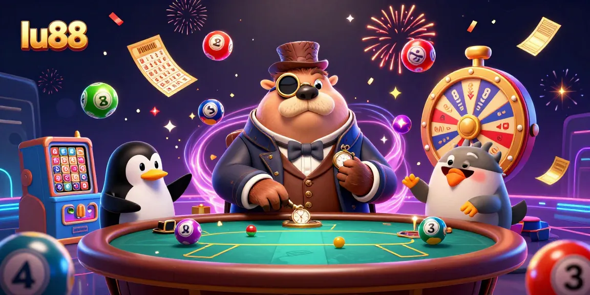 lu88 interactive scene with a walrus, a penguin dealer, and a pufferfish playing poker