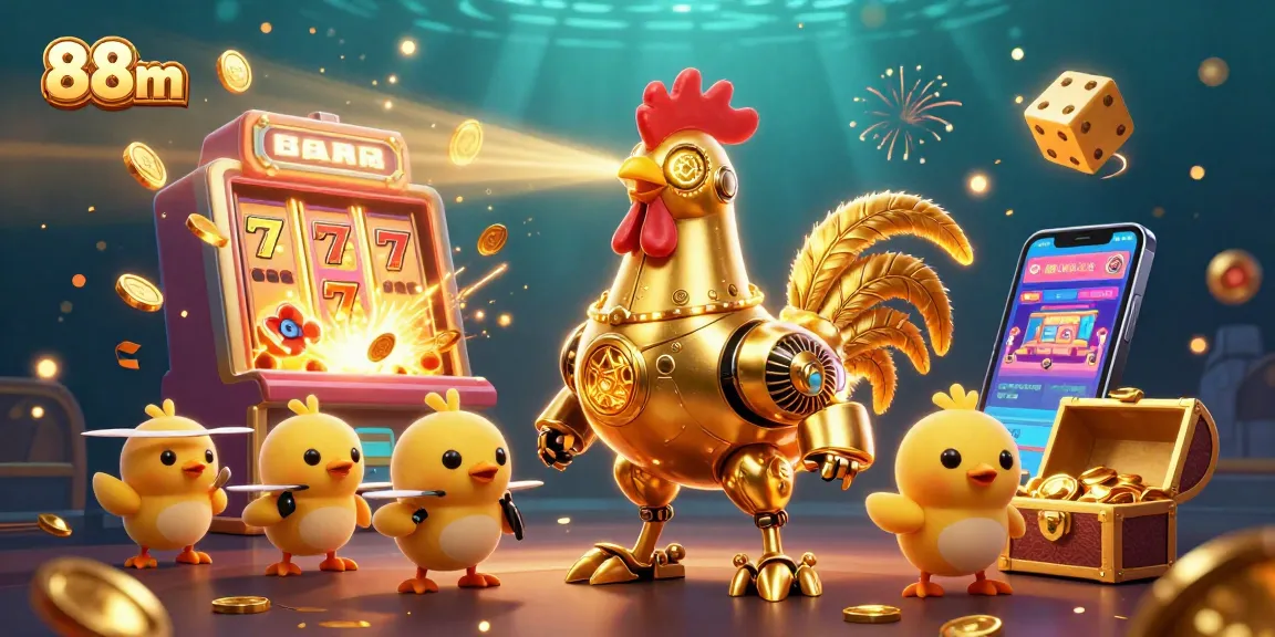 Engage with the immersive 88m casino world featuring an imaginative golden rooster and treasure-filled slot machine.