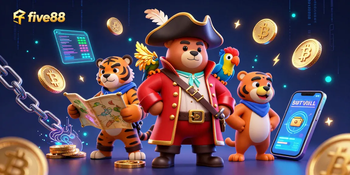 Join the five88 adventure with a pirate captain bear and fierce tiger in this vibrant casino scene filled with crypto elements.
