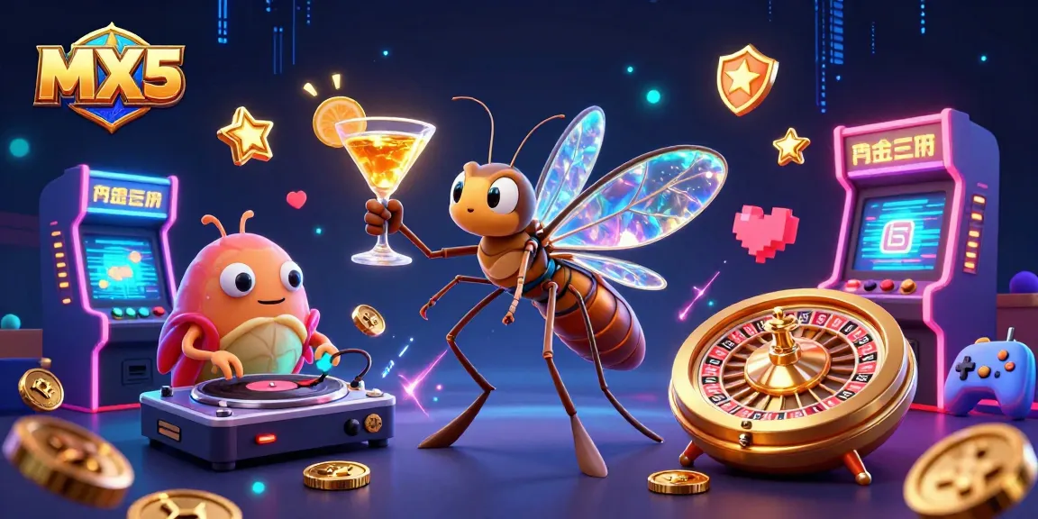 Experience the excitement of MX5 with a lively casino scene, showcasing a frozen mosquito mascot and vibrant gaming elements.