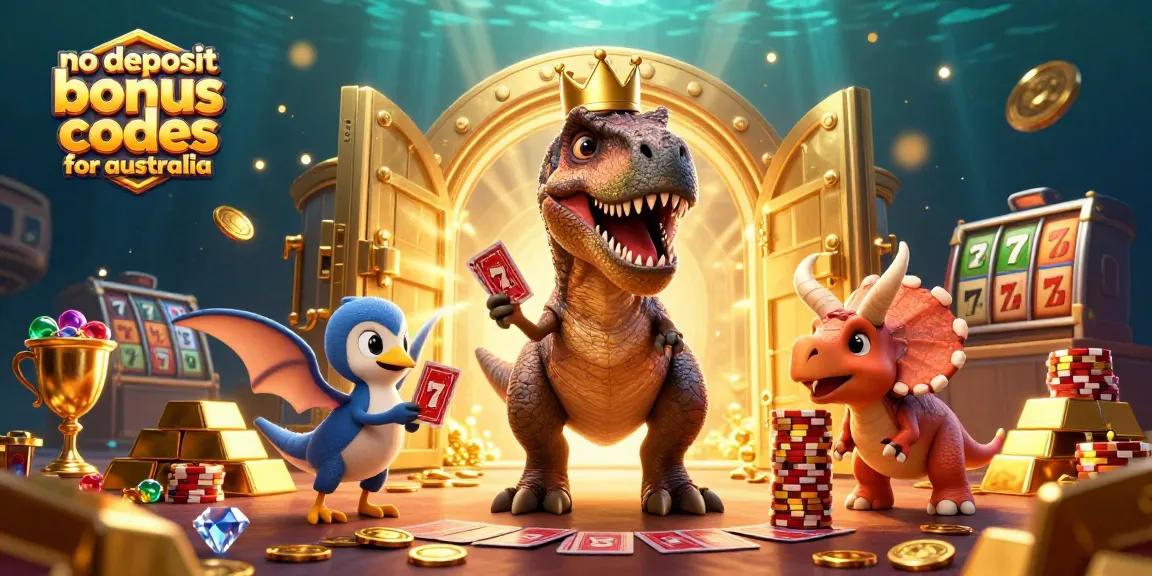 No deposit bonus codes for australia illustrated with a T-Rex shuffling cards and a pterodactyl assisting.
