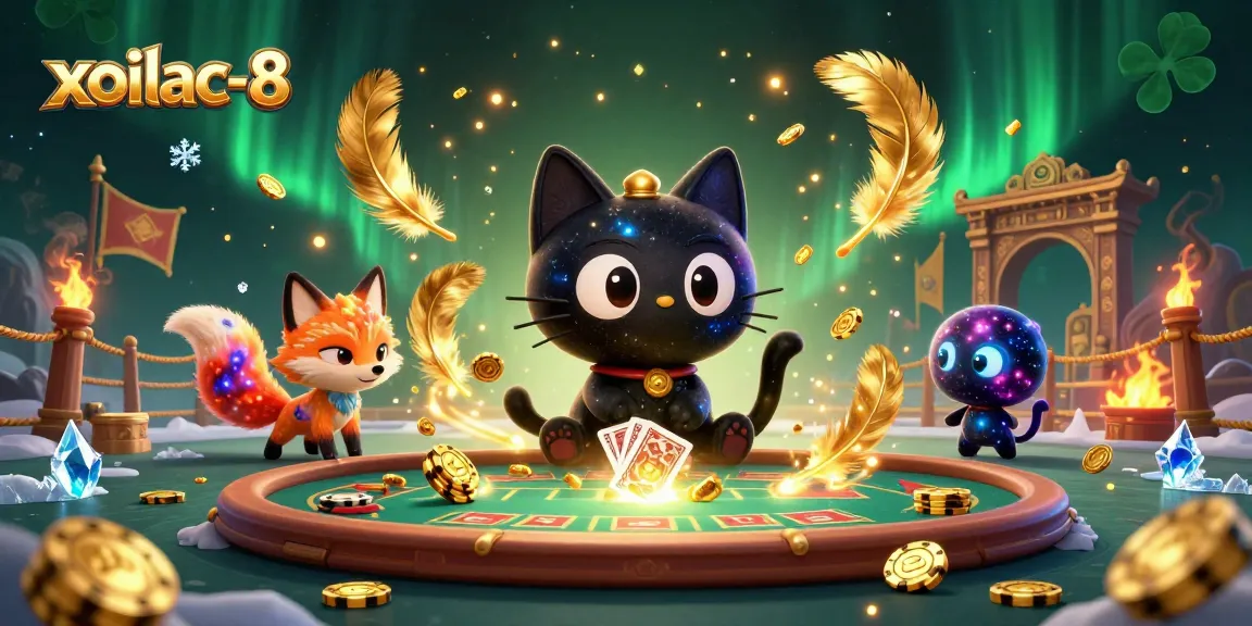 Xoilac-8 attracts players with a vivid cosmic casino scene, showcasing a black hole cat and colorful fox.