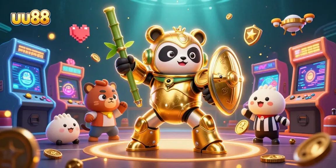 uu88 features vibrant casino elements with a golden panda mech-suit battling in a colorful arena.
