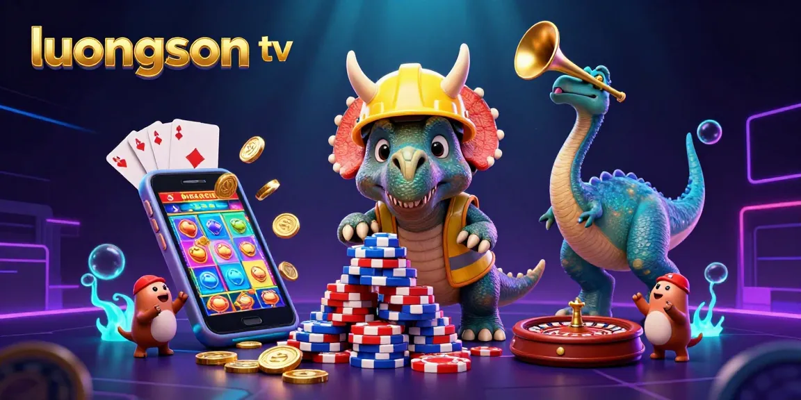 Experience thrilling moments with luongson tv as colorful slot games and poker chips come alive in a 3D cartoon scene.