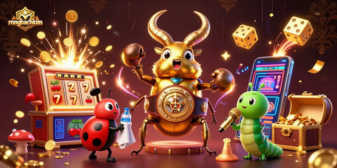 rongbachkim showcases an epic gambling scene with cartoon characters and vibrant casino elements.