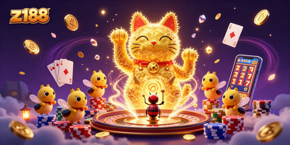 z188 vibrant illustration of a lucky cat and fireflies amidst casino symbols.