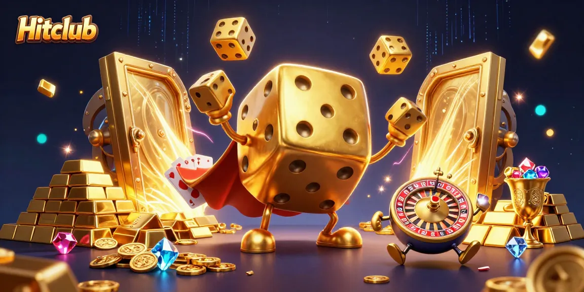 Experience thrilling gameplay at Hitclub with lively casino-themed illustration featuring golden dice and treasures.