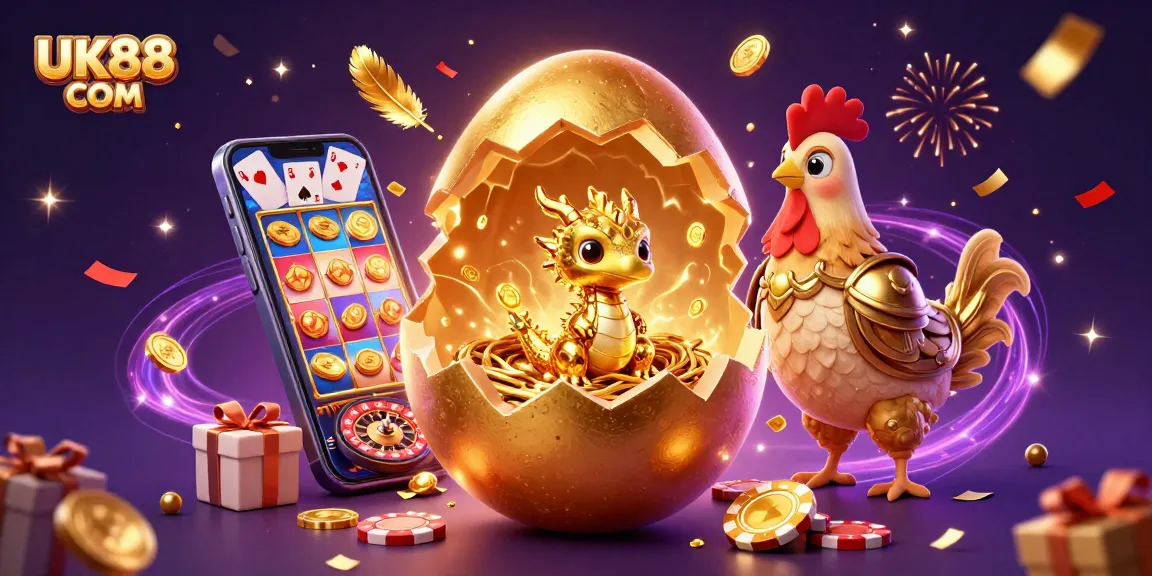 Experience the excitement of gaming at UK88 COM with vibrant 3D illustration and golden elements.