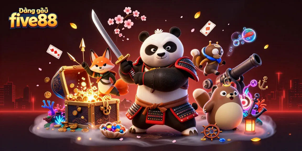 Join the thrilling journey of Đăng ký five88 with samurai panda and ninja fox amid casino treasures.