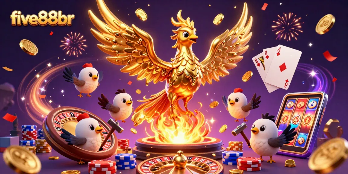 Experience five88br's vibrant casino scene with a molten phoenix emerging amidst coins and gaming elements.
