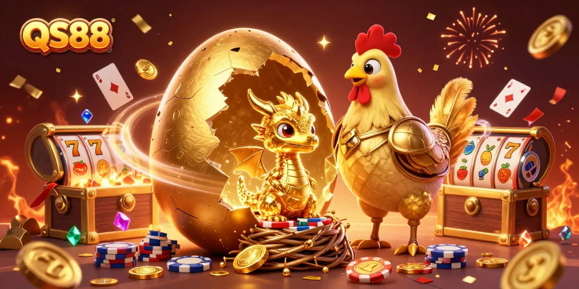 Join the excitement at QS88 with a golden dragon guarding poker chips amidst fireworks and slot games.