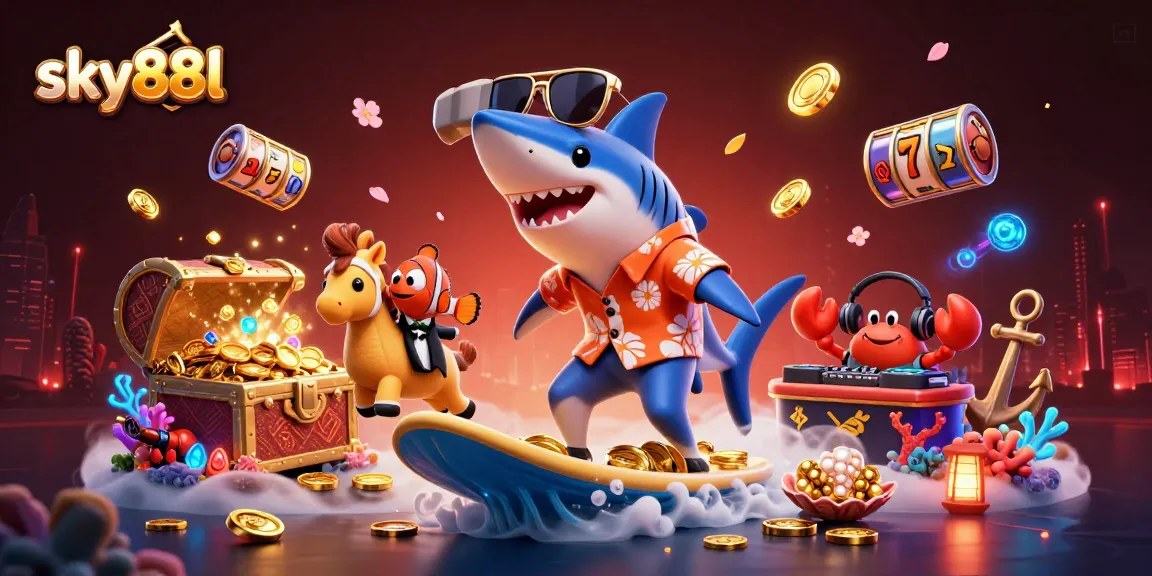Engaging scene with sky88l characters enjoying casino slots and gold treasure underwater.