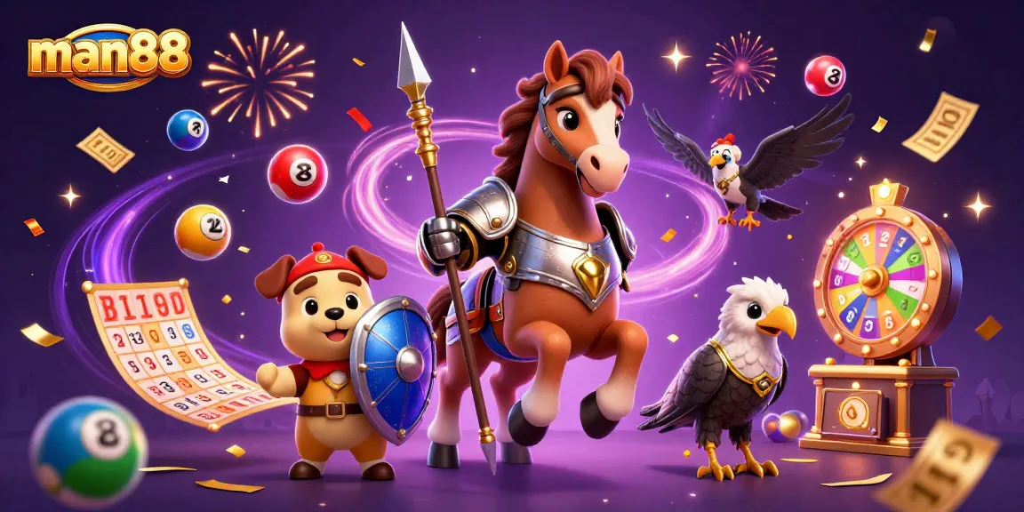 Experience the thrill of man88 with a lively 3D scene of a medieval knight horse, a squire puppy, and lottery elements.