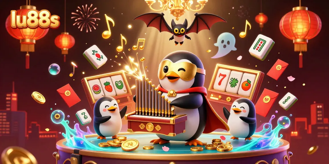 lu88s reveals a vibrant casino scene with a penguin playing a golden organ amid flying mahjong and slot symbols