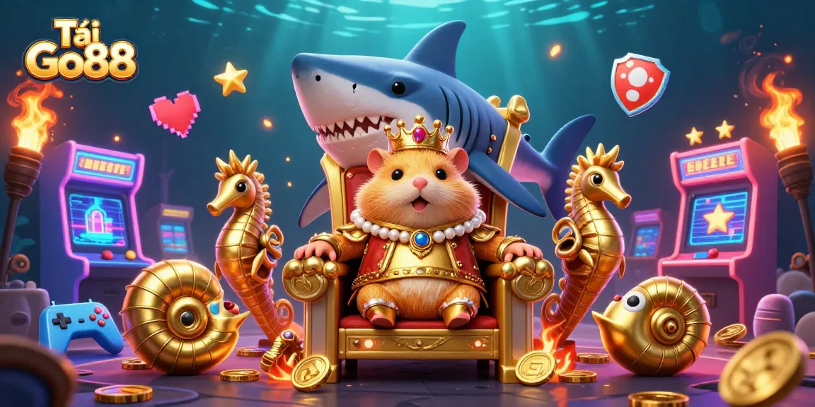 Engage with Tải Go88 featuring a golden hamster king surrounded by arcade machines from the casino world.