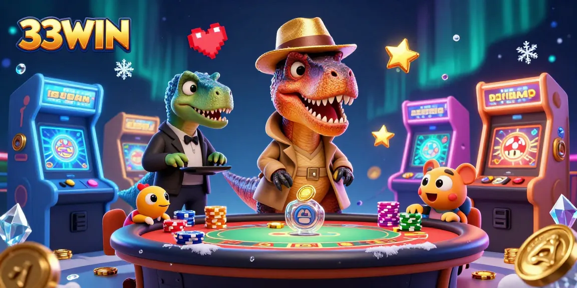 Bet on 33WIN with a humorous 3D velociraptor scene at a blackjack table, featuring colorful casino elements.