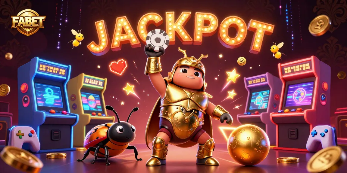 FABET's vibrant casino scene showcases a gladiator beetle with poker chip, illuminated by playful fireflies.