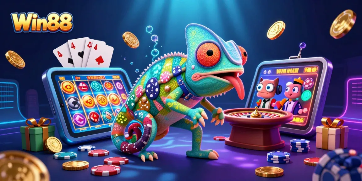Win88 casino chameleon dynamically interacts with vibrant gaming elements for epic gameplay