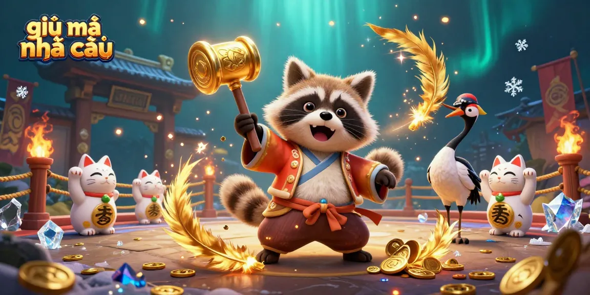 Engaging illustration of giải mã nhà cái with a tanuki, crane, and fortune cats in a vibrant casino setting.