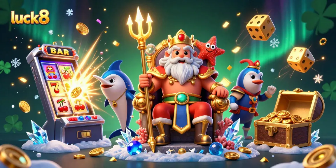 Experience luck8's vibrant gaming atmosphere with Neptune and fun symbols in this 3D scene.