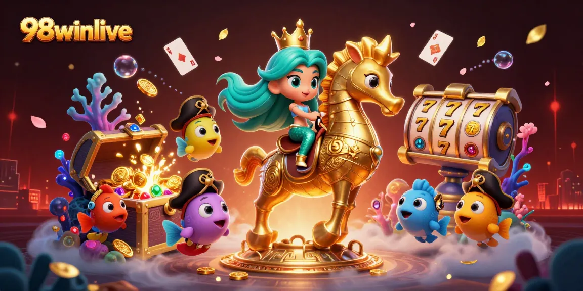 Experience the excitement of 98winlive with vivid casino-themed illustrations featuring a mermaid princess and treasures.