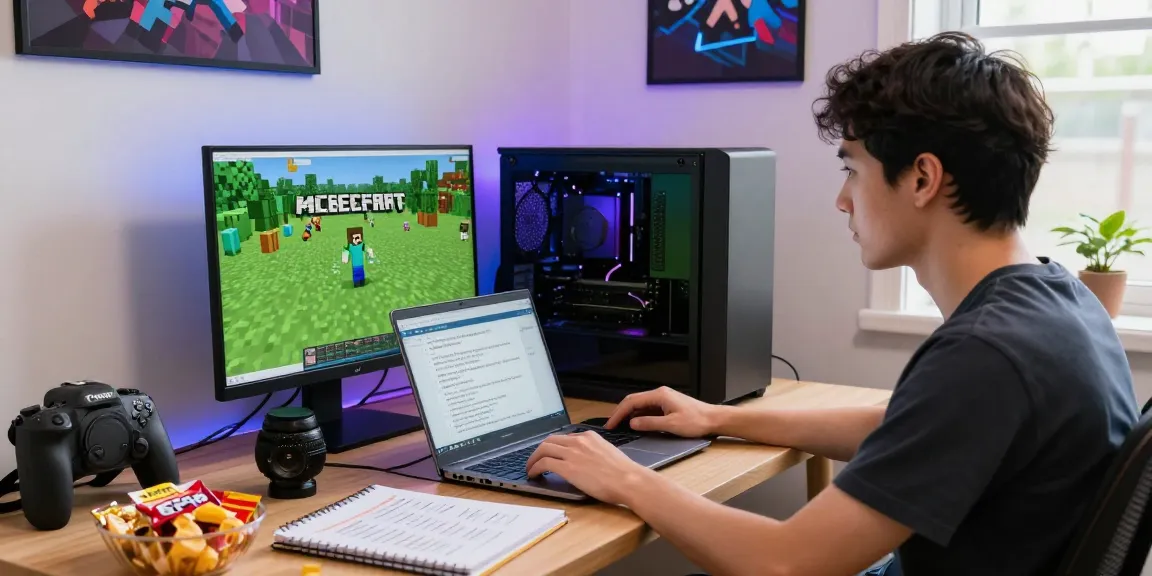 Ustawienie serwera Minecraft w domowym biurze, laptop z interfejsem gry, kolorowe akcesoria gamingowe.