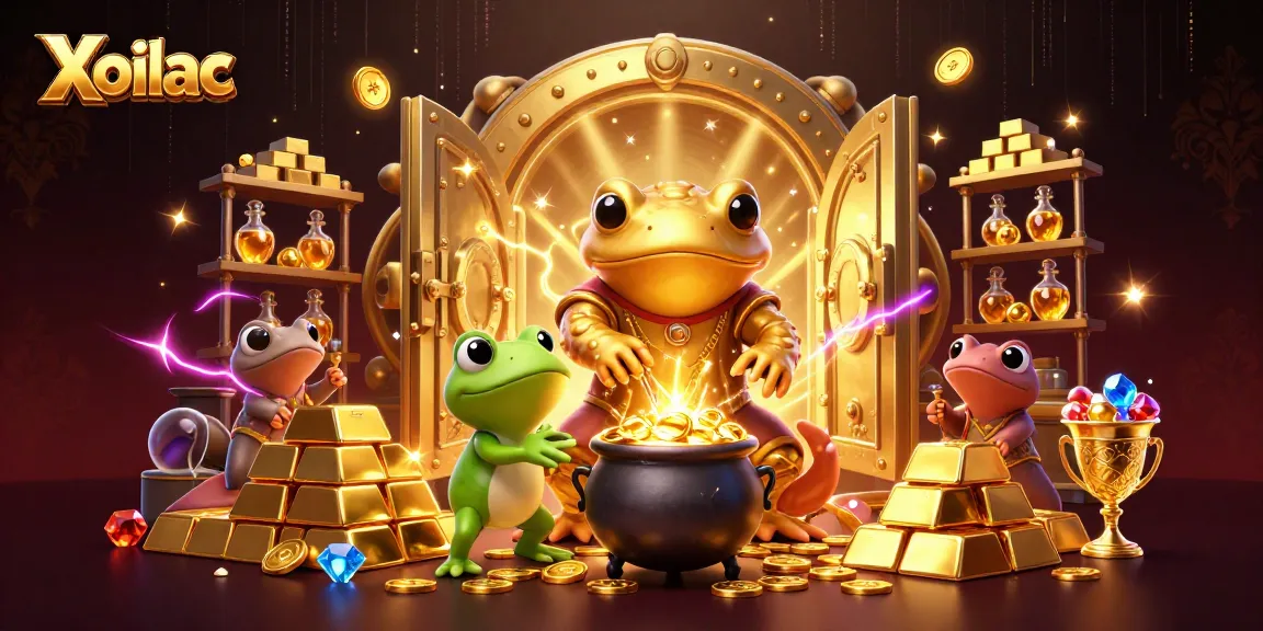 Xoilac showcases a vibrant fantasy scene with a wizard alchemist, frog apprentice, and golden treasures.