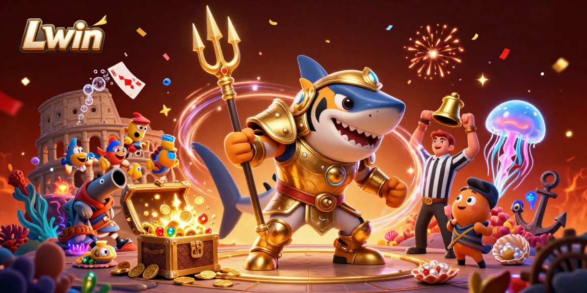 LLwin's dynamic underwater casino scene featuring a shark gladiator, vibrant game elements, and festive atmosphere.