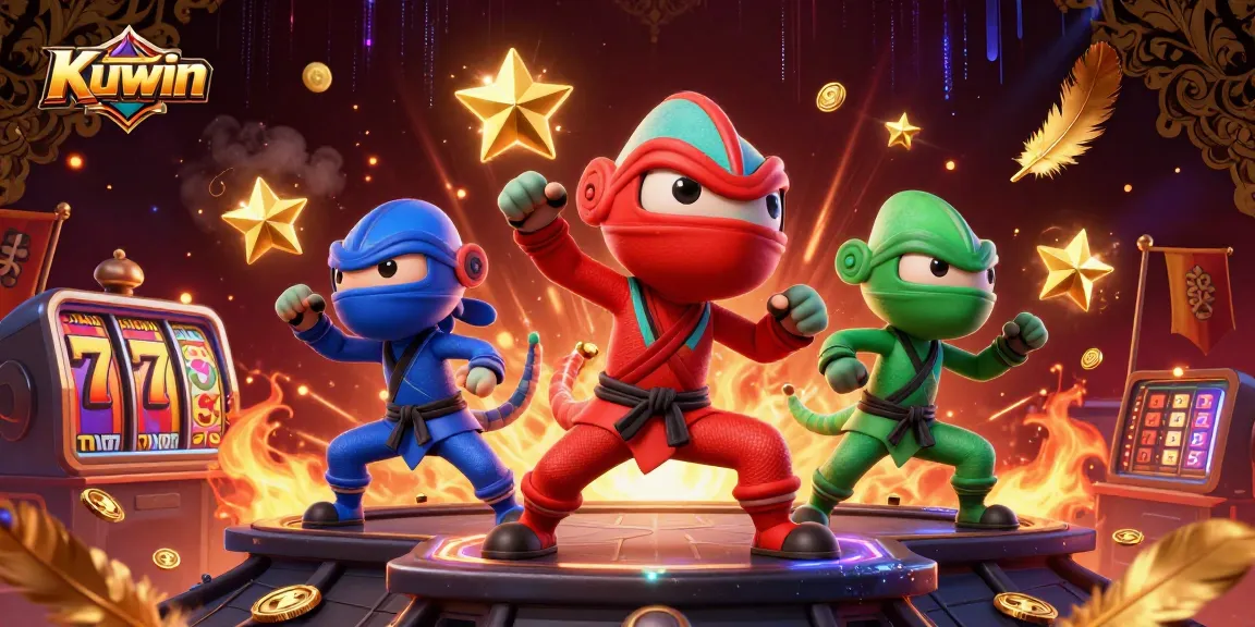Kuwin offers thrilling gaming, featuring ninja chameleons in a casino setting with gold coins and slot reels.