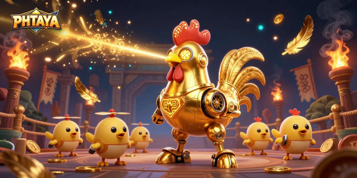 PHTAYA's exciting 3D cartoon scene with golden rooster robot, baby chick drones, and dynamic betting elements.