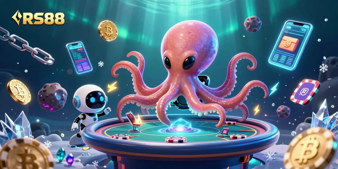 Engage with RS88 as a cartoon alien octopus plays poker in a vibrant cosmic setting.